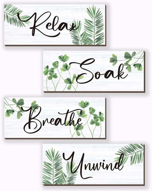 4  Farmhouse Bathroom Wall Decors Relax Soak Unwind Breathe Wooden Word Sign Green Hanging Wall Art Rustic Office Wall Decor for Bedroom Living Room Vintage Decorations(Green Leaves 10X4 Inch)