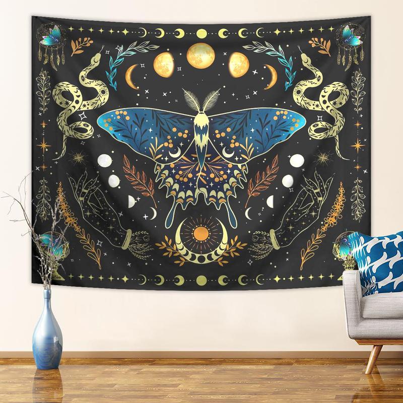 Butterfly & Moon Pattern Tapestry, Bohemian Plant Starry Sky Tapestry, Wall Hanging for Bedroom Living Room Study Room Office