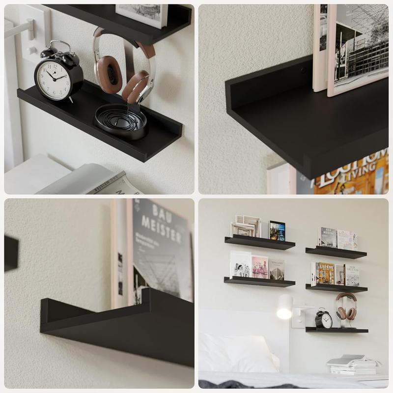 5 Set Floating Wall Mounted Shelves, Black Shelves for Wall Decor, Modern Picture Ledge Shelf with Lip for Storage, Nursery, Bedroom, Living Room, Bathroom - Black