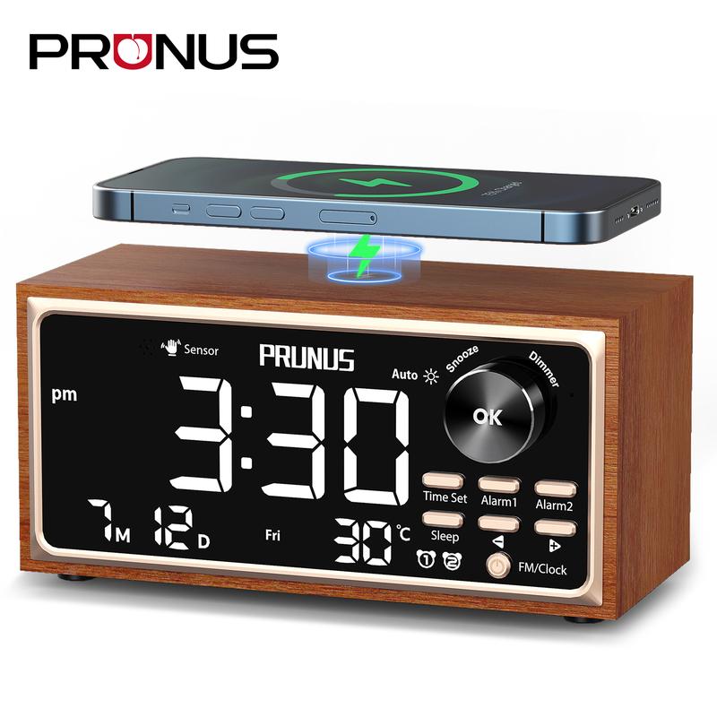 PRUNUS J-177 Retro Vintage Alarm Clock Radio with Fast Wireless Charging, Dual Alarms, Snooze, Sleep Aid, Large LED Display,Dimmer Control,Body Sensor,Auto-Dimming,Retro Clock for Bedroom