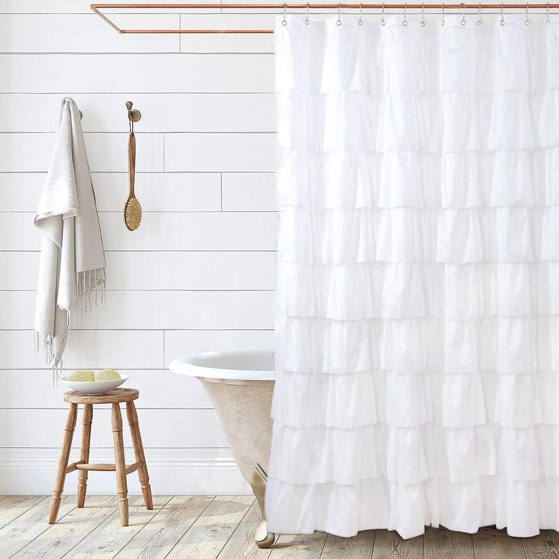 Ruffle Trim Shower Curtain, 1 Count Soft Washable Polyester Cloth, Water-repellent Shower Curtain, Bathroom Accessories, Home Decor Supplies