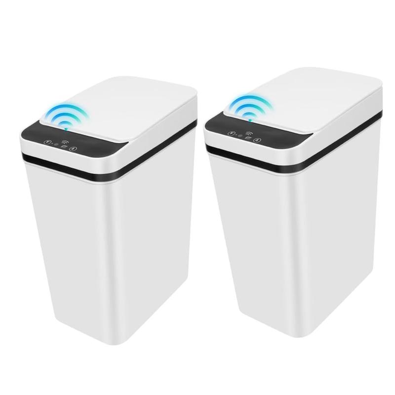 2 Pack Bathroom Trash can, Touchless Trash Can,Automatic Motion Sensor Trash Bin with Lid,2.4 Gallon Garbage Can, Kitchen, Bathroom, Office, Bedroom Trash can (White+White)