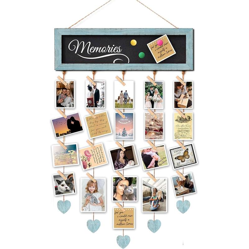 Picture Frames Collage Display Board with 30 Clips - Multi Photos Cards Organizer with Adjustable Twines and  Blackboard - DIY Wall Decor Hanging Picture Holder 15.7x5 Inches