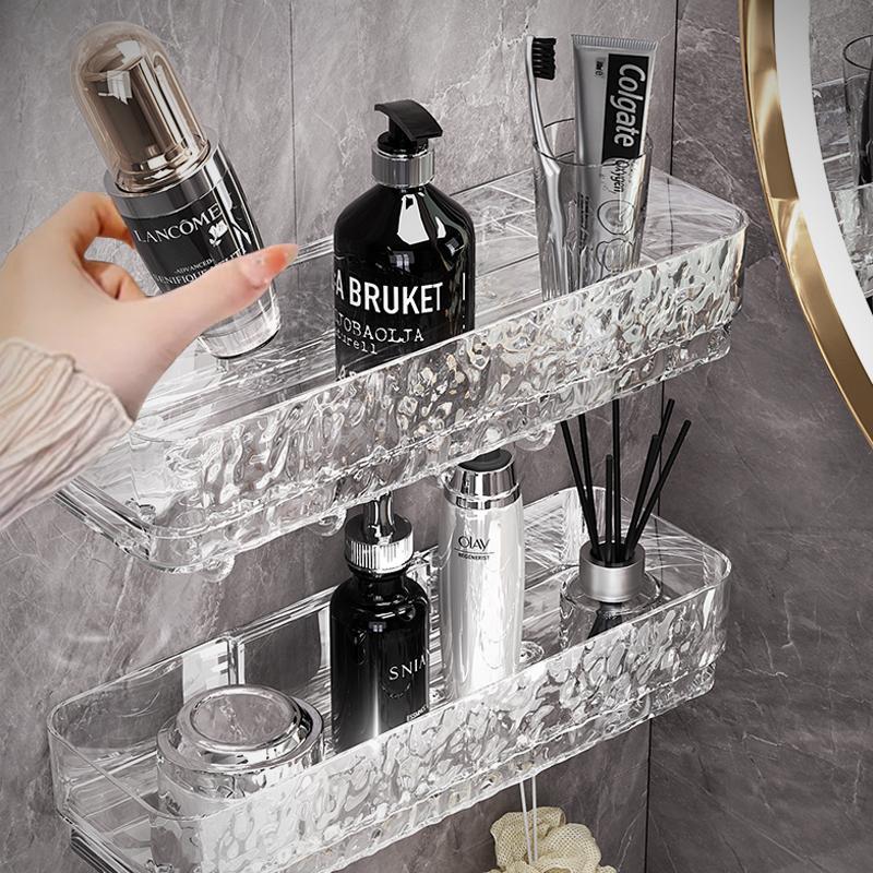 Wall Mounted Storage Rack, 1 Count Acrylic Storage Holder with 4 Counts Hooks, Punch Free Storage Rack for Bathroom, Home Organizer