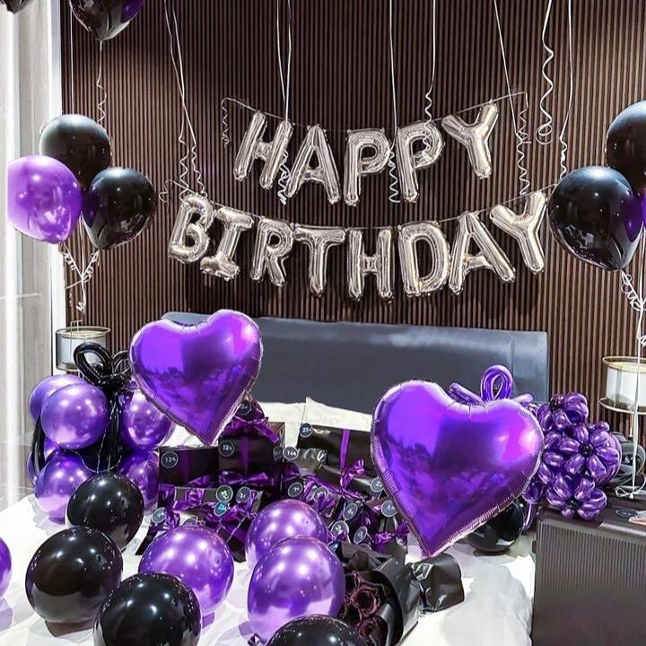 61pcs Set 16-Inch Silver Happy Birthday Foil Balloon Set with Black, Purple Latex & Heart Balloons for English Letters Decoration