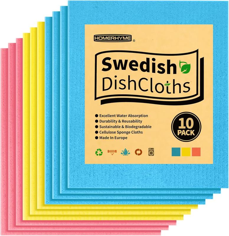 Swedish Dish Cloths Cleaning , 10 Pack, Cellulose Swedish Sponge Dishcloths, Absorbent Swedish Dish Towels for Kitchen, Non-Scratch, Reusable Kitchen Cloth, Multi-Surface Swedish Dish Towels