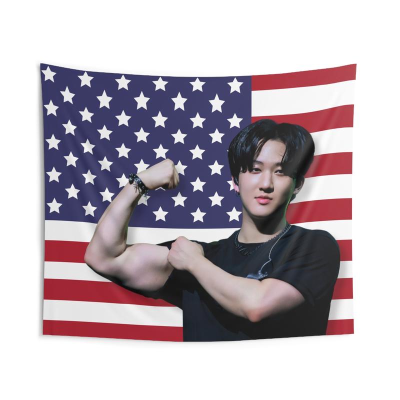 STRAY KIDS Changbin Biceps America Flag Banner, Skz Kpop Flag, Stray Kids Tour 2024 Merch, Gift Ideas STAYS, Birthday Gift & Concert Merch 3x5ft Celebrity USA Flag Tapestry for Wall hanging, College Dorm, Living Room, Bed Room, Home Decor