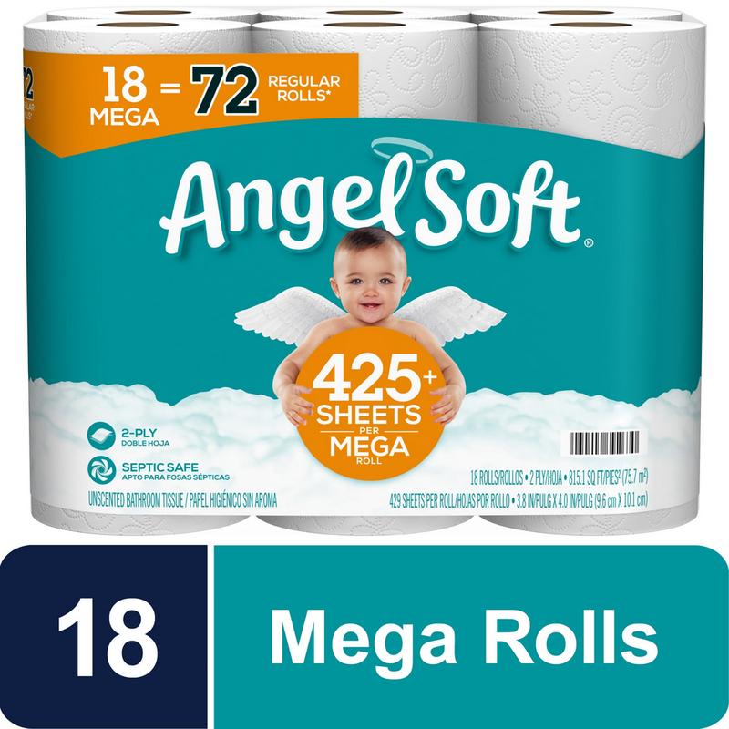 Angel Soft Toilet Paper, 18 Mega Rolls = 72 Regular Rolls, 2-Ply Bath Tissue (PREESHIP)