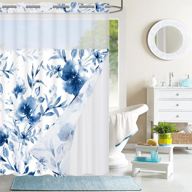 Alishomtll No Hook Shower Curtain with Snap in Liner, Navy Blue Floral Hotel Shower Curtain and Liner Set, Watercolor See Through Shower Curtain with Window, Double Layer, Waterproof