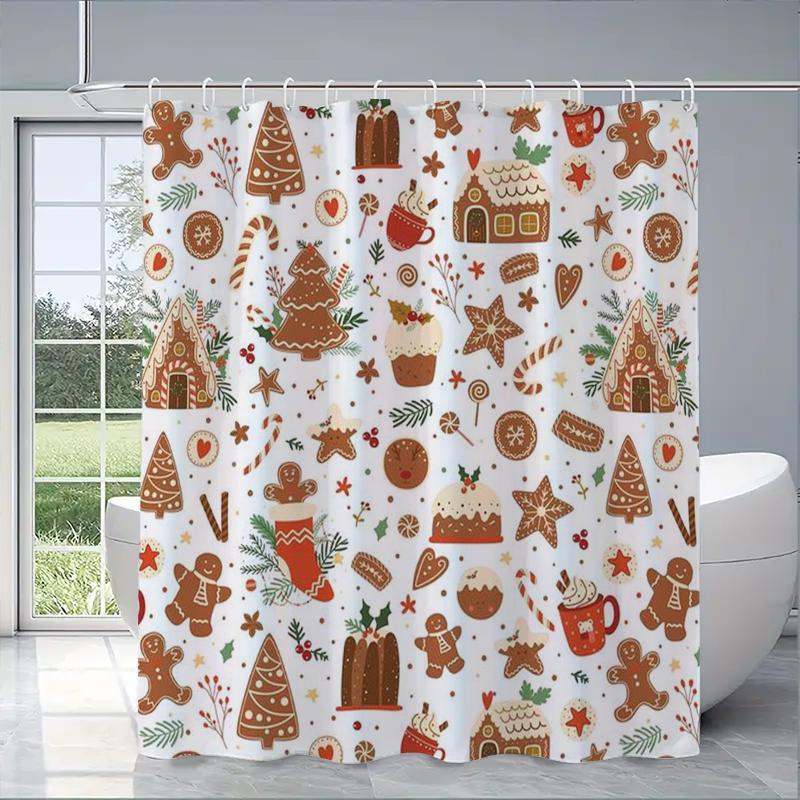 Christmas Themed Shower Curtain, 1 Count Waterproof Bathroom Curtain with 12pcs Hooks, Bathroom Accessories, Home Decor Supplies