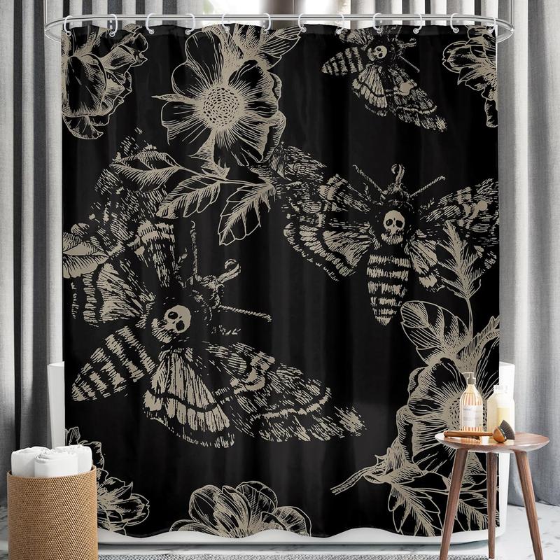 Gothic Skull Halloween Shower Curtain Bathroom Set 60Wx71H Inches Death Head Moth Scary Black Flower Leaves Mysterious Butterfly Bath Accessories Retro Art Home Decor Fabric 12 Pack Hooks