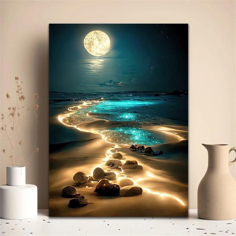 Moon & Sea Pattern Wall Art, 1 Count Modern Canvas Painting with Frame, Wall Art Decor for Home Living Room Bedroom Study Room