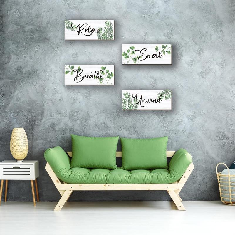 4  Farmhouse Bathroom Wall Decors Relax Soak Unwind Breathe Wooden Word Sign Green Hanging Wall Art Rustic Office Wall Decor for Bedroom Living Room Vintage Decorations(Green Leaves 10X4 Inch)