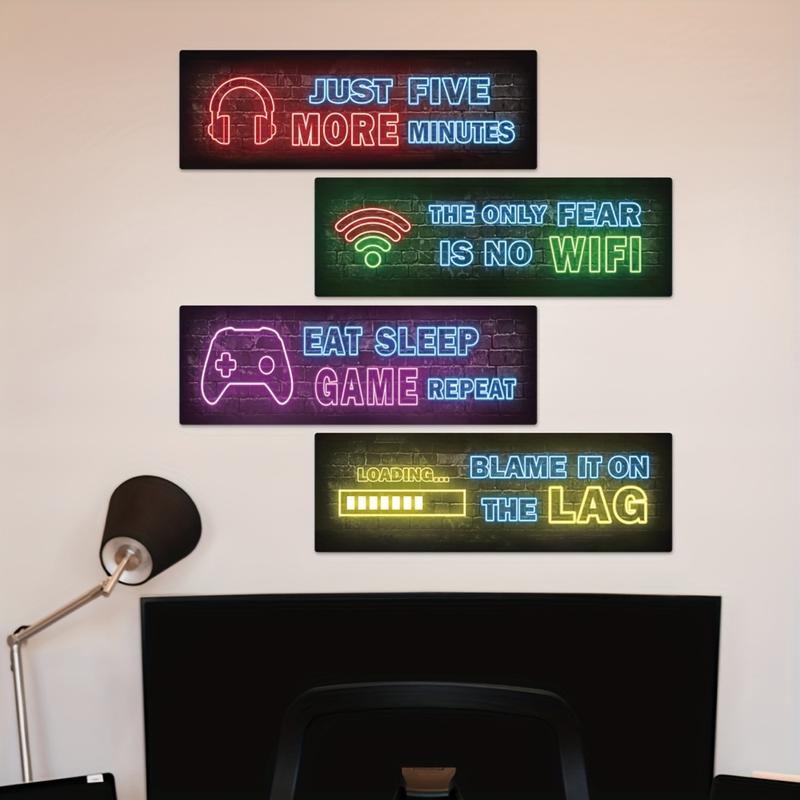 Putuo Decor 4 Pcs Printed Neon Gaming Wooden Sign, Teen Boys Room Decorations, gamer wall art Decor for bedroom Wooden