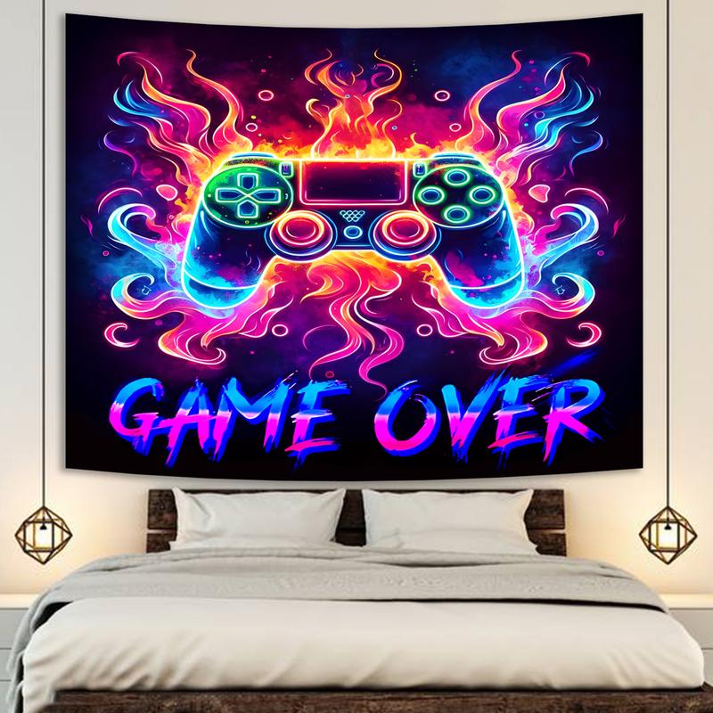 Blacklight Gaming Tapestry, Cool Neon Game Controller Wall Hanging for Boys Teens, UV Reactive GAME OVER Abstract Art 3D Gaming Poster Tapestries for Bedroom, Play Room