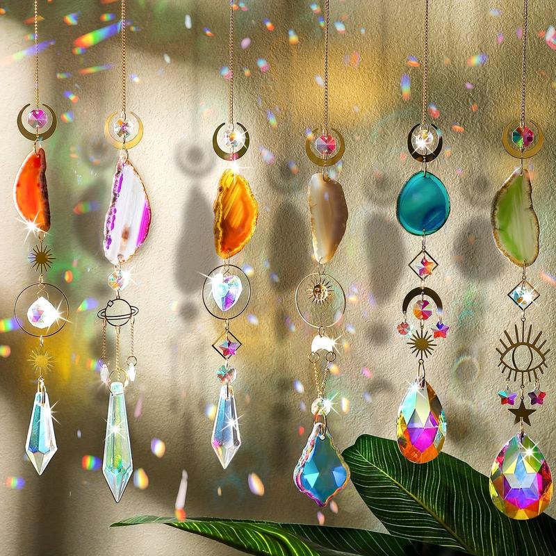 6 PCs Catcher, Sun Catcher Indoor Window Hanging Sun Catcher with Crystal Light Catcher with Prism and Agate Slices for Indoor Outdoor Home Garden Wedding Decoration