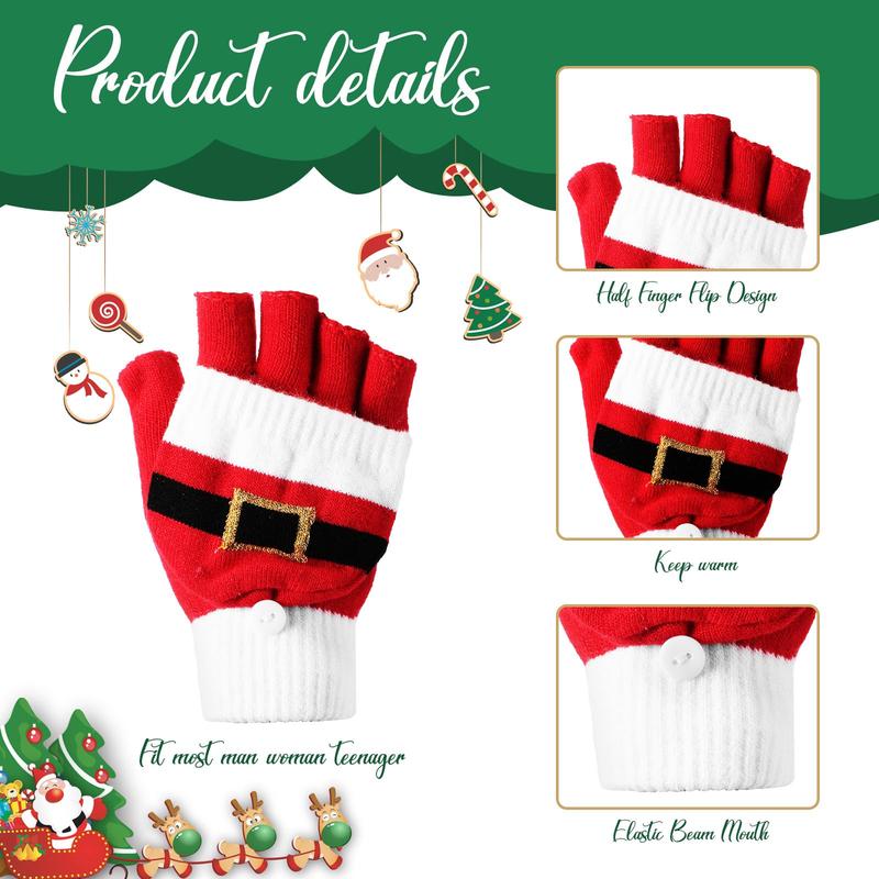 4 Pieces Christmas Elf Knitted Hat Elf Hats for Kids Flip Mittens Women Convertible Fingerless Gloves for Women Flip Top Gloves Christmas Mittens for Girls, Boys, Women and Men