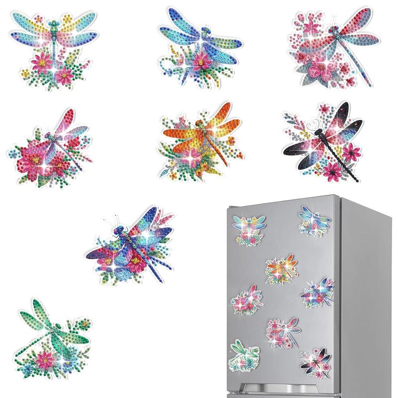 Dragonfly Pattern DIY Diamond Arts Colorful Painting Refrigerator Sticker(8 Counts set), DIY Painting Sticker, Decorative Sticker for Home & Office