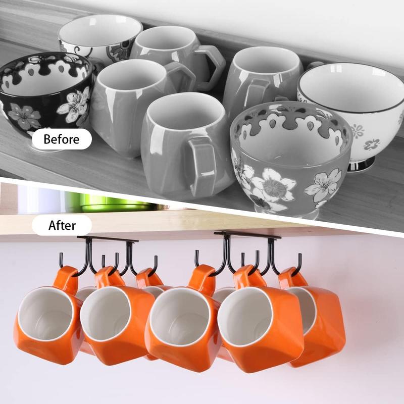 2 Set Mug Rack Under Cabinet, Coffee Mug Holder Under Cabinet,8pcs Cup Hooks Under Shelf, Kitchen Mug Drying Hanging Racks,Coffee Bar Mug Hanger, Black