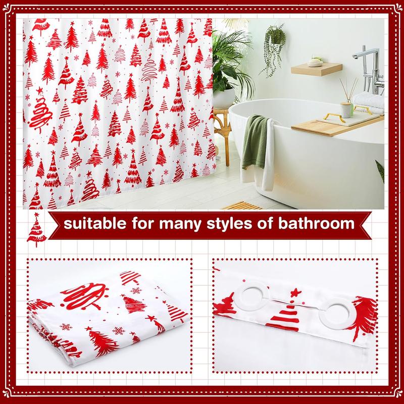 No Hook Christmas Shower Curtain, Double Layer Christmas Tree Shower Curtain with Snap in Liner Red White Christmas Tree Shower Curtain for Bathroom Hotel Decor, 71