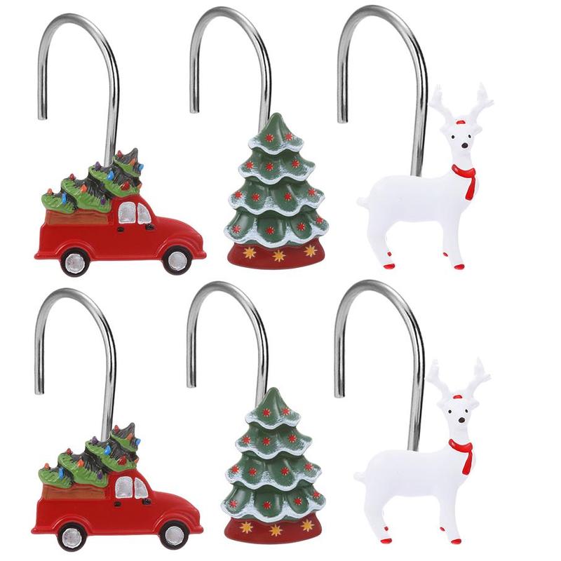 Christmas Themed Shower Curtain Hooks, 12pcs set Cute Reindeer & Truck & Tree Design Shower Curtain Hooks, Bathroom Accessories for Home Decor