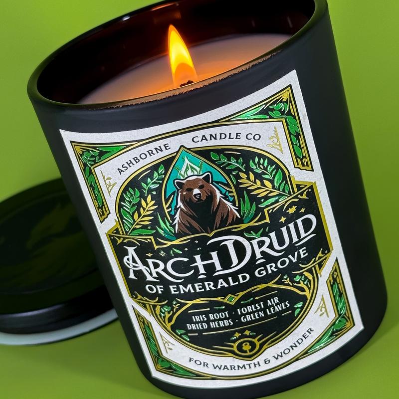 Archdruid of Emerald Grove - 8oz Scented Candle - Iris Root, Forest Air, Dried Herbs, Green Leaves - Natural Coconut Wax - 35 h Burn Time - Premium Foil Label