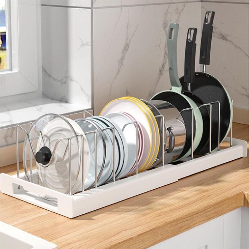 Expandable Pot and Pan Organizer Rack for Cabinet, Pot Lid Organizer Holder with 7 Stainless Steel Adjustable Dividers for Kitchen Cabinet Organizer and Storage ，Multifunctional Kitchen Storage Organizer(White)