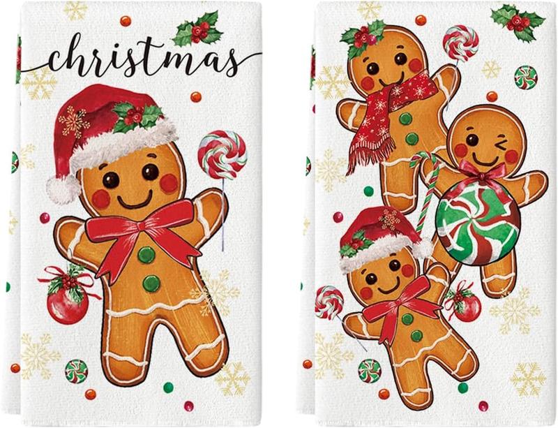 Gingerbread Candy Christmas Kitchen Towels Dish Towels, 18x26 Inch Holiday Holly Xmas Ball Winter Decoration Hand Towels Set of 2