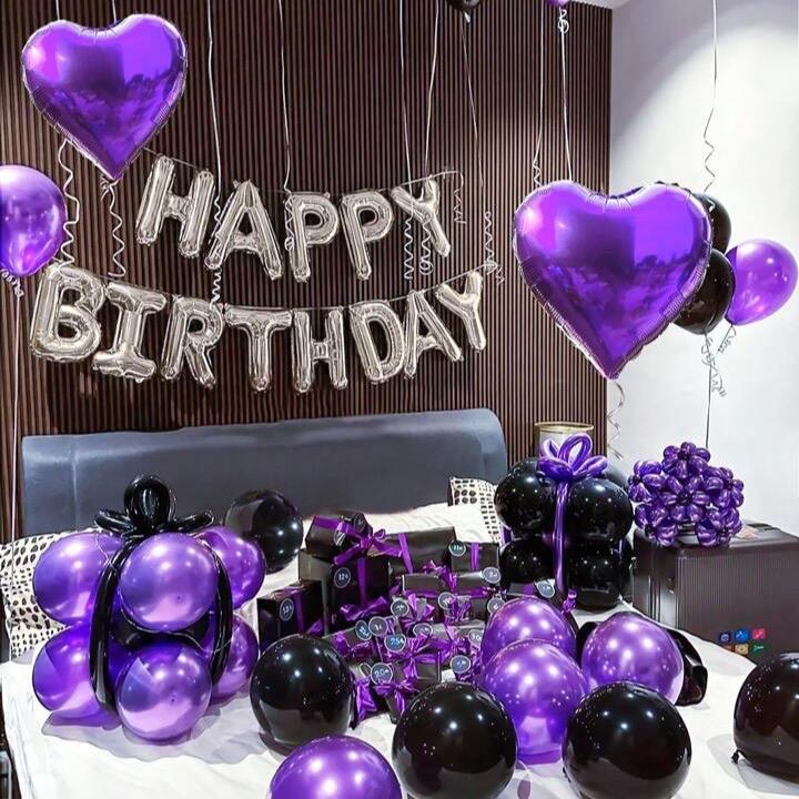 61pcs Set 16-Inch Silver Happy Birthday Foil Balloon Set with Black, Purple Latex & Heart Balloons for English Letters Decoration