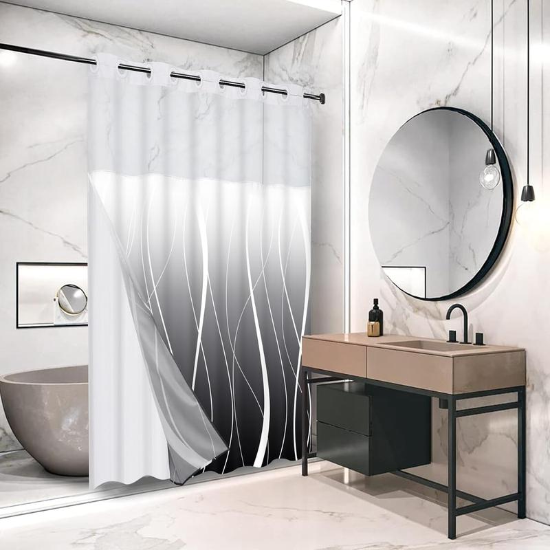 Likiyol Black No Hook Shower Curtain with Snap in Liner, Modern Striped Hotel Shower Curtain and Liner Set, Ombre See Through Shower Curtain with Window, Double Layer, Washable, 71