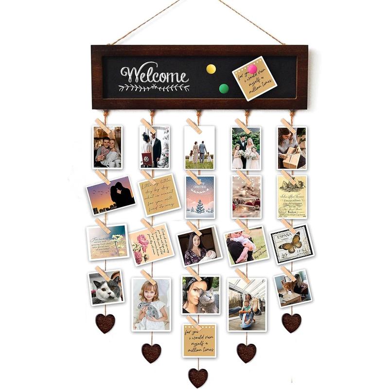 Picture Frames Collage Display Board with 30 Clips - Multi Photos Cards Organizer with Adjustable Twines and  Blackboard - DIY Wall Decor Hanging Picture Holder 15.7x5 Inches