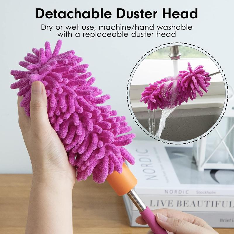 Microfiber Duster for Cleaning, Hand Washable Dusters with 2Count Replaceable Microfiber Head, Extendable Pole, Detachable Cleaning Brush Tool for Office, Car, Window, Furniture, Ceiling Fan