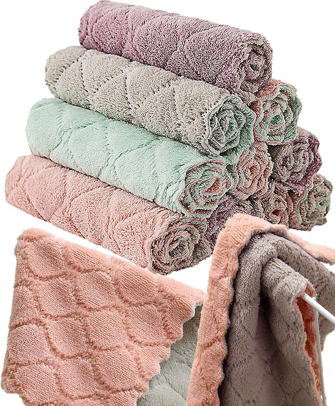 12 Pack Kitchen Towels - Quick Dry, Coral Velvet, Multipurpose Washcloths, Reusable, Soft, Absorbent, Double-Sided Microfiber, Lint Free Cleaning Rags