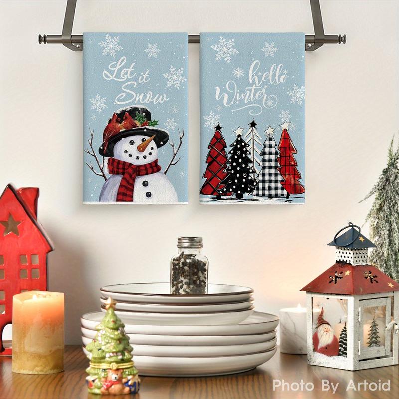 Snowman Christmas Trees Winter Kitchen Towels Dish Towels, 18x26 Inch Seasonal Christmas Room Funky Home Decoration Hand Towels Set of 2