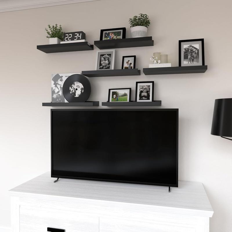 Floating Shelves Set of 6, Black Wall Shelves with Lip, Display Shelves for Wall Decor, Modern Picture Ledge for Living Room, Bedroom, Nursery, Bathroom, Pictures, Books, Plants- Black