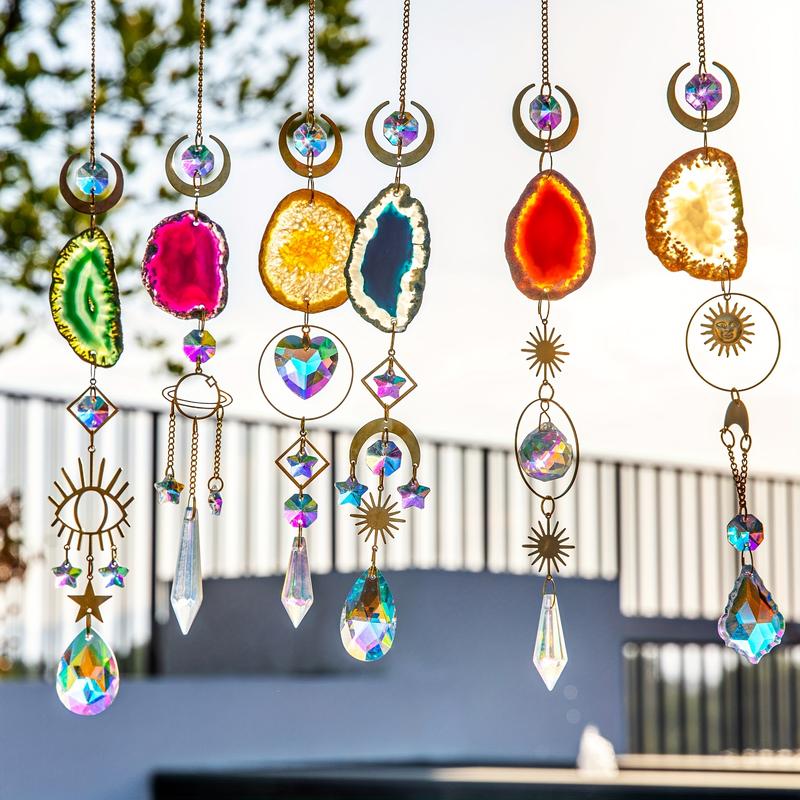 6 PCs Catcher, Sun Catcher Indoor Window Hanging Sun Catcher with Crystal Light Catcher with Prism and Agate Slices for Indoor Outdoor Home Garden Wedding Decoration