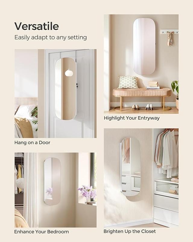 SONGMICS HOME LED 360° Swivel Jewelry Cabinet Wall or Door Mounted, Lockable Rounded Wide Mirror with Storage, Interior Mirror Decor