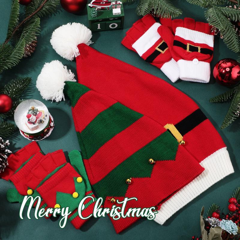 4 Pieces Christmas Elf Knitted Hat Elf Hats for Kids Flip Mittens Women Convertible Fingerless Gloves for Women Flip Top Gloves Christmas Mittens for Girls, Boys, Women and Men