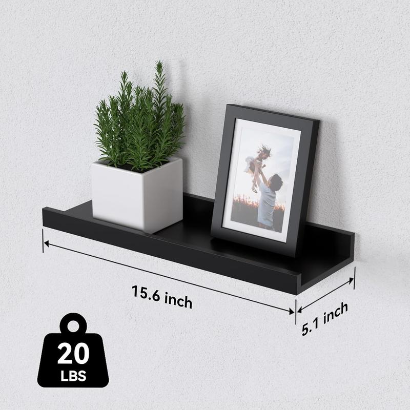 Floating Shelves Set of 6, Black Wall Shelves with Lip, Display Shelves for Wall Decor, Modern Picture Ledge for Living Room, Bedroom, Nursery, Bathroom, Pictures, Books, Plants- Black