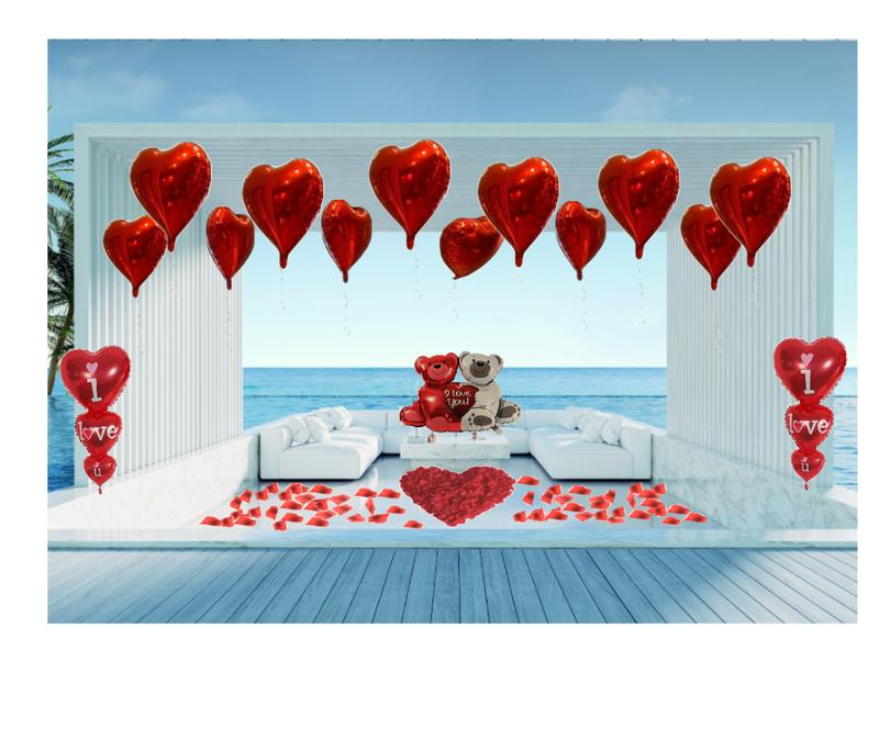 Apintop 'I Love You' Balloon Kit Big Teddy Bear Foil Balloon2 linked I Love You and 12 Heart Foil Balloon 1000 Silk Rose Petals (ready separated)  Suitable with Air or Helium for Romantic Decorations Includes air balloon pump 100 dot glue Gift Set Wedding