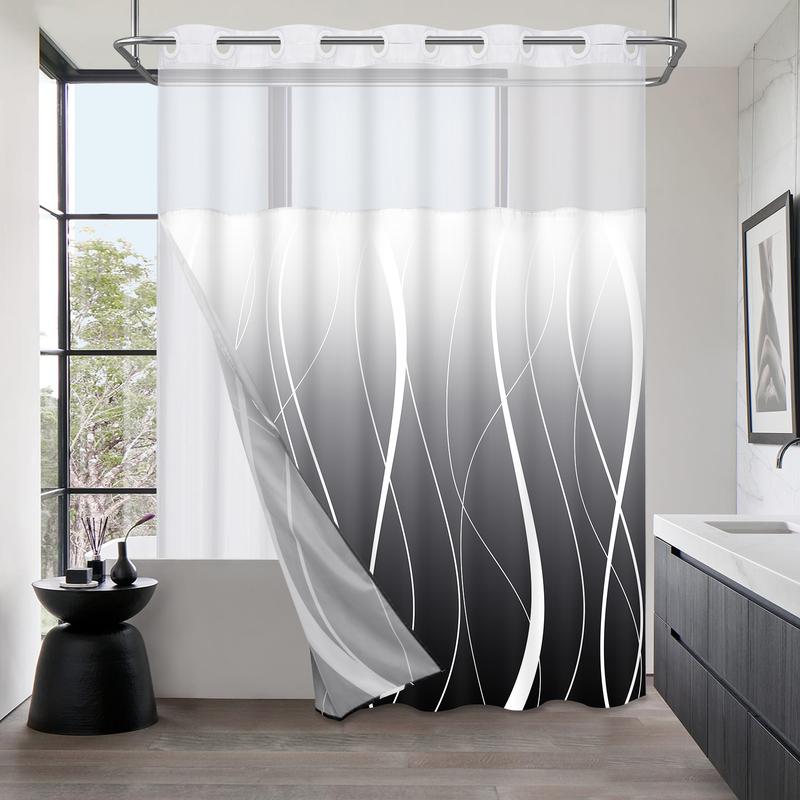 Likiyol Black No Hook Shower Curtain with Snap in Liner, Modern Striped Hotel Shower Curtain and Liner Set, Ombre See Through Shower Curtain with Window, Double Layer, Washable, 71