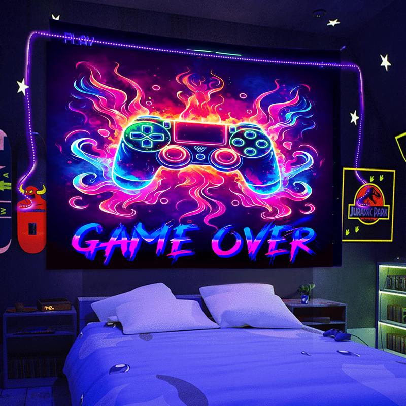 Blacklight Gaming Tapestry, Cool Neon Game Controller Wall Hanging for Boys Teens, UV Reactive GAME OVER Abstract Art 3D Gaming Poster Tapestries for Bedroom, Play Room