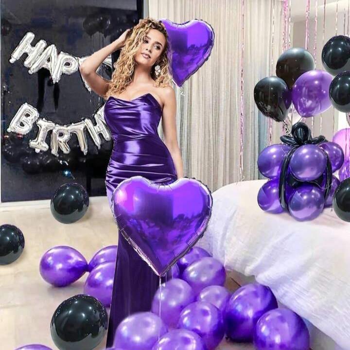 61pcs Set 16-Inch Silver Happy Birthday Foil Balloon Set with Black, Purple Latex & Heart Balloons for English Letters Decoration