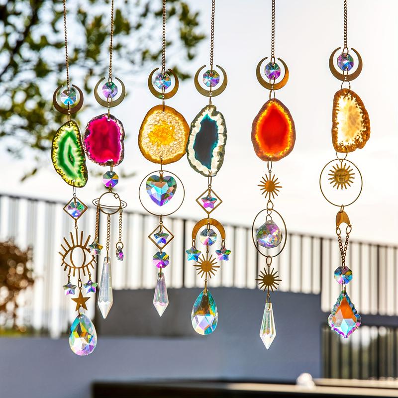 6 PCs Catcher, Sun Catcher Indoor Window Hanging Sun Catcher with Crystal Light Catcher with Prism and Agate Slices for Indoor Outdoor Home Garden Wedding Decoration