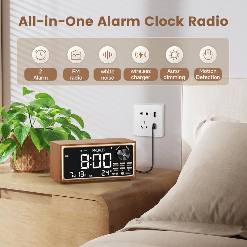 PRUNUS J-177 Retro Vintage Alarm Clock Radio with Fast Wireless Charging, Dual Alarms, Snooze, Sleep Aid, Large LED Display,Dimmer Control,Body Sensor,Auto-Dimming,Retro Clock for Bedroom