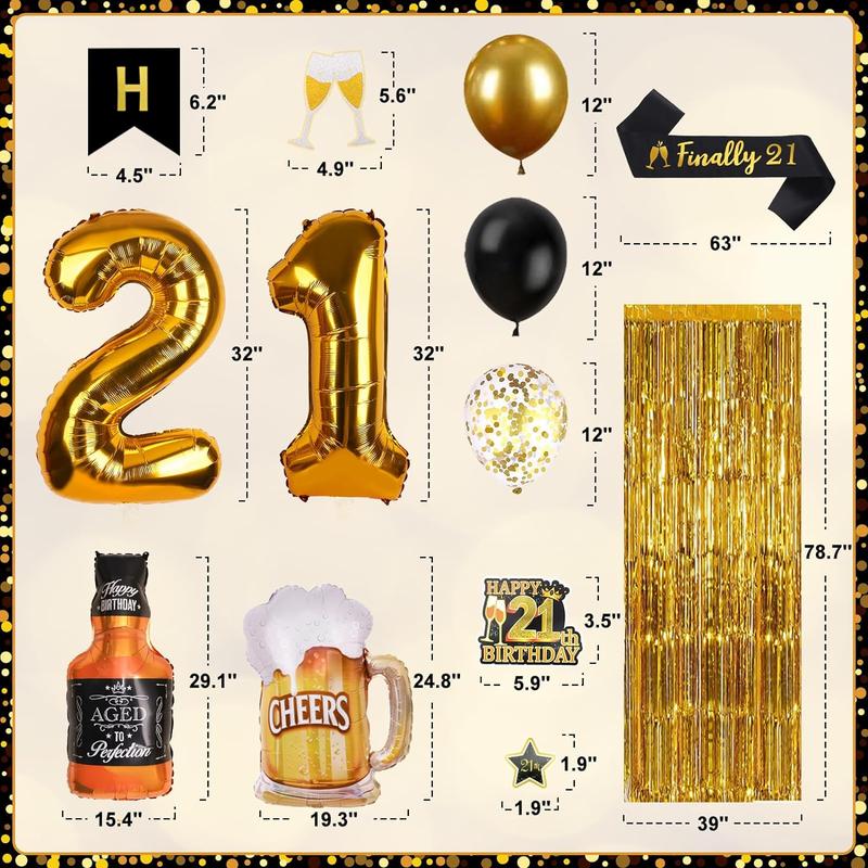 21st Birthday Decorations for Him, Happy Birthday Decorations Black and Gold 21 Birthday Decorations with Happy Birthday Banner, Fringe Curtain, Confetti Balloons