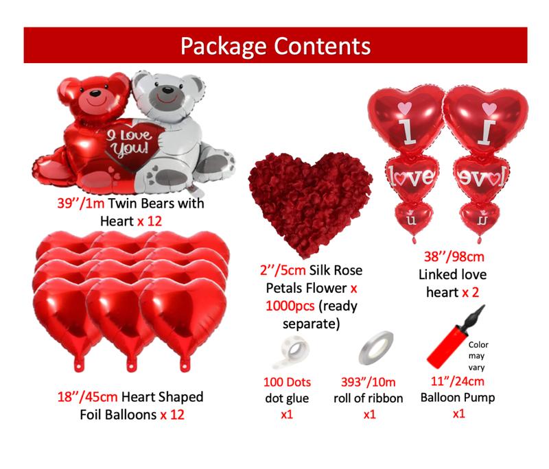 Apintop 'I Love You' Balloon Kit Big Teddy Bear Foil Balloon2 linked I Love You and 12 Heart Foil Balloon 1000 Silk Rose Petals (ready separated)  Suitable with Air or Helium for Romantic Decorations Includes air balloon pump 100 dot glue Gift Set Wedding