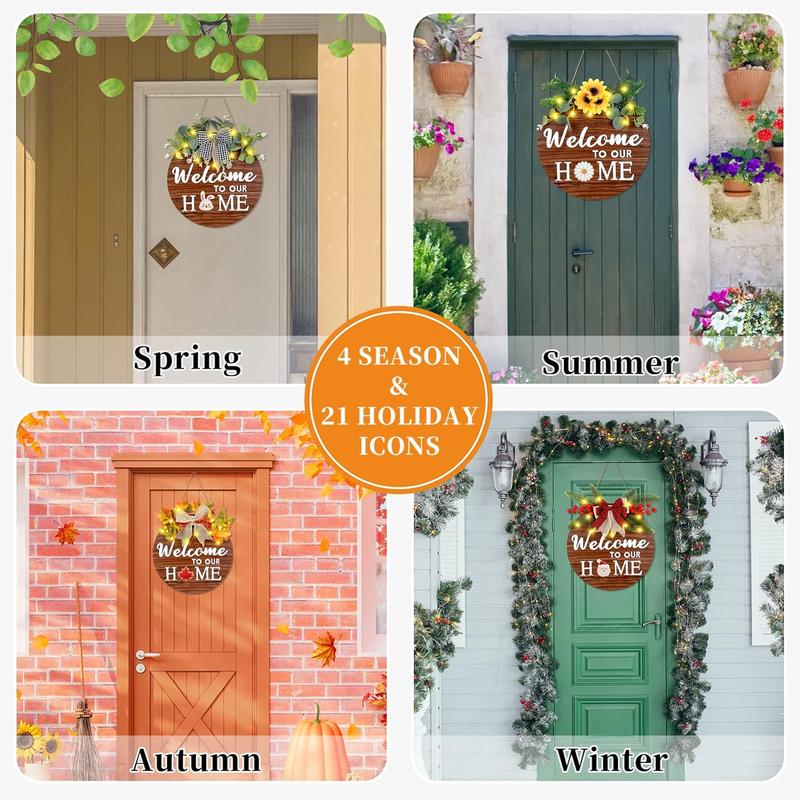 Interchangeable Welcome Sign for Front Door Wooden, Christmas décor with 4 Seasonal Wreaths&21 Changeable Icons Linen Ornaments Decoration Gifts Light