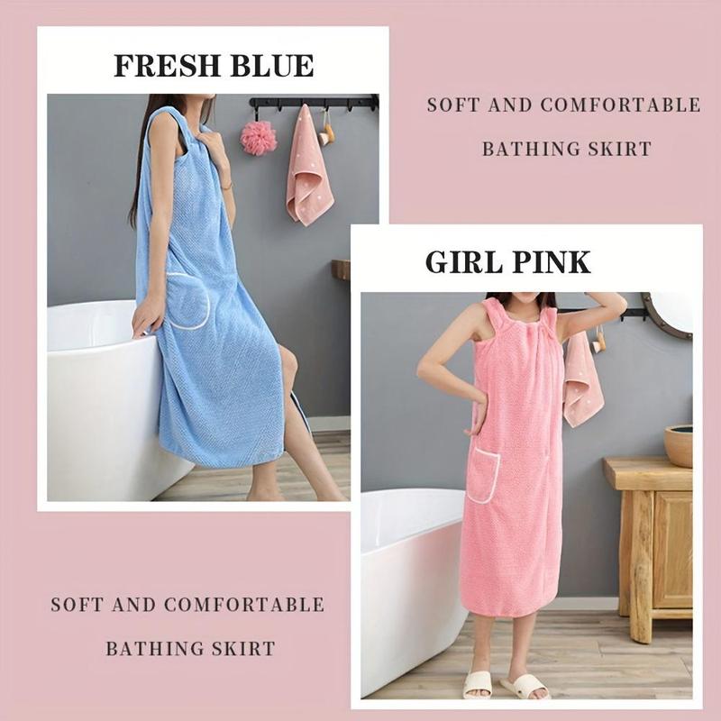 Solid Color Wearable Bath Towel, 1 Count Soft Absorbent Bathrobe with Pocket, Casual Bathrobe for Women & Girls, Bathrobe for Home Bathroom