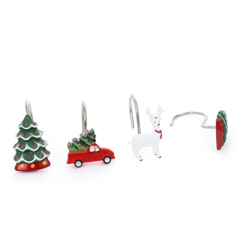 Christmas Themed Shower Curtain Hooks, 12pcs set Cute Reindeer & Truck & Tree Design Shower Curtain Hooks, Bathroom Accessories for Home Decor